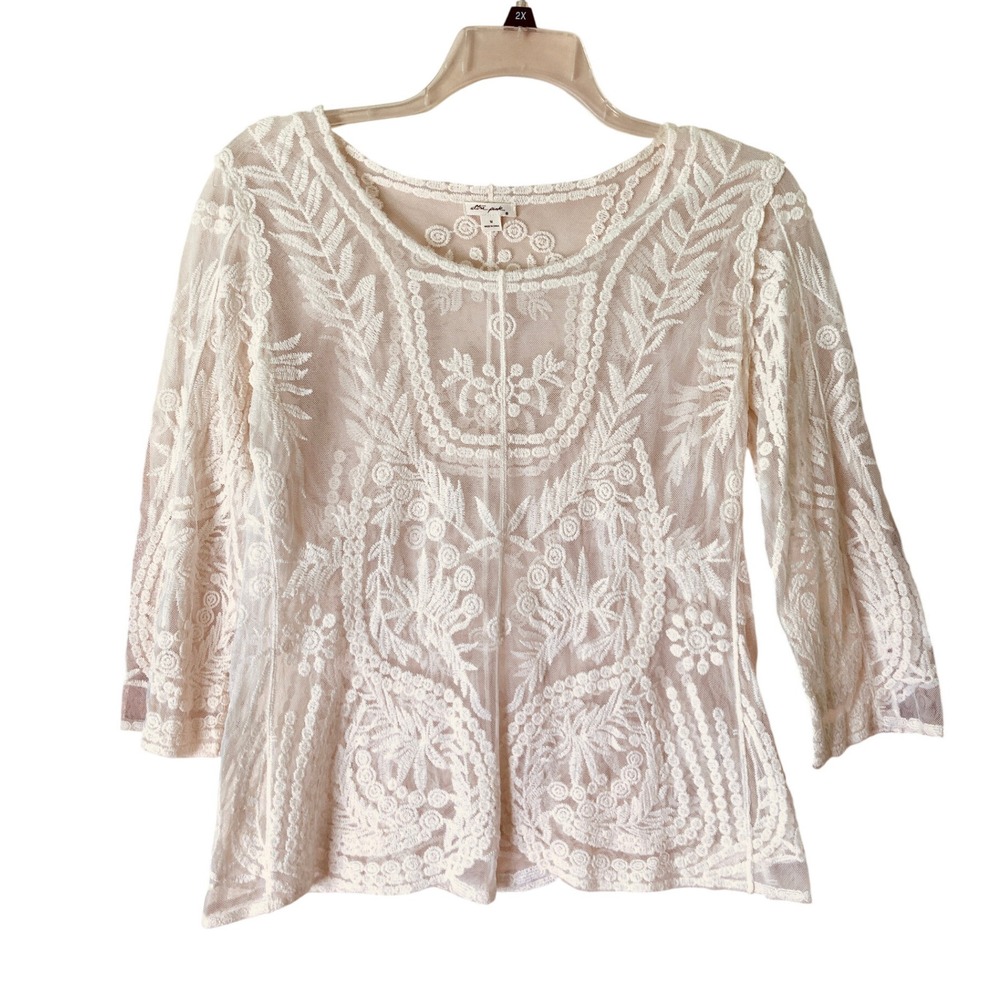 Ultra Pink Sheer Lace Blouse Ivory Embroidered Boho Fairy Renaissance (Size M)